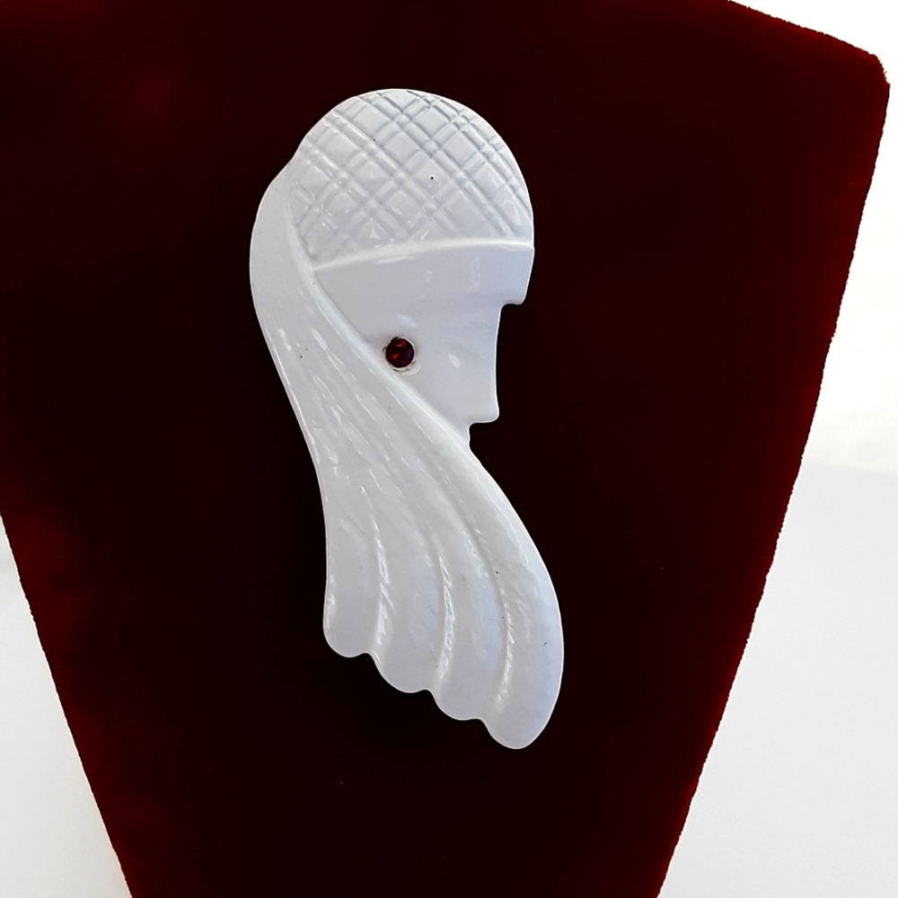 White Enamel Brooch Woman's Profile Red Jewel Pin Boho Chic